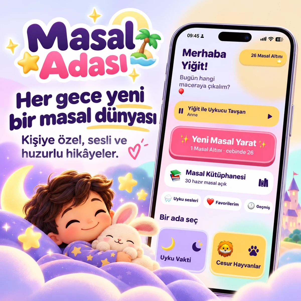 Masal Adası: yıldızlar ve bulutlar arasında kişiye özel masallar ve uygulama ekranı